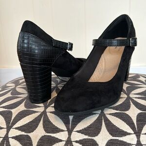 Black, size 7,  3” heels by Clarks - faux gator and suede